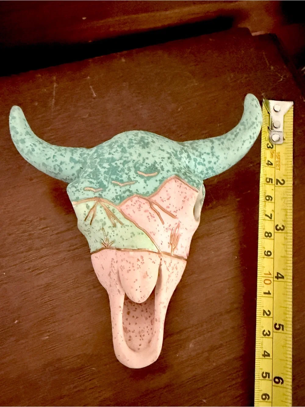Southwest Native Ceramic Cow Bull Buffalo Skull Small Wall Hanging Sculpture Vtg
